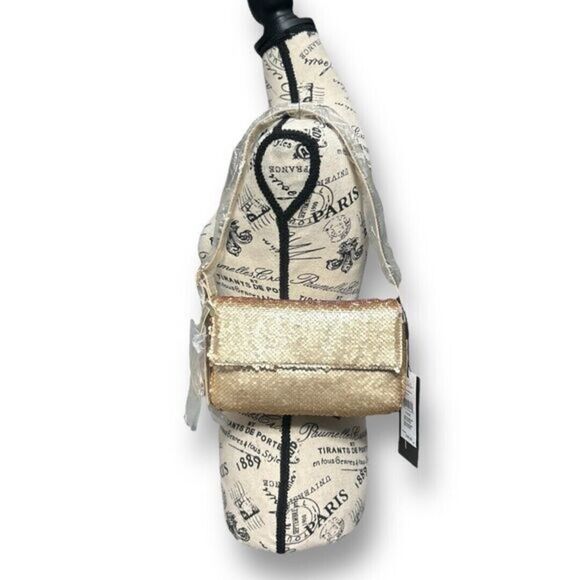 Nicole Miller NWT Gold Sequin Shoulder Bag Purse Shiny Strap Party Clutch Luxe - Picture 1 of 13